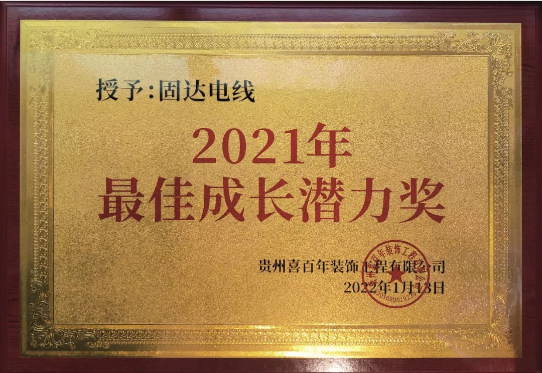 固达电缆集团荣获喜百年2021“最佳成长潜力奖”